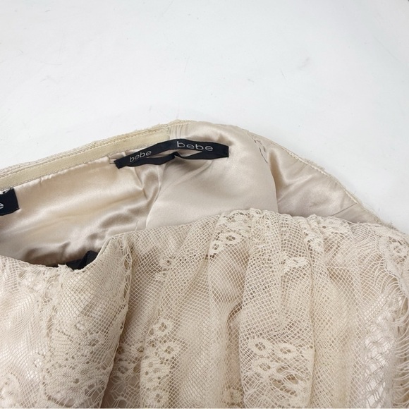 BEBE Women’s Black Ivory Eyelash Lace Ruffle Front Strapless Bodycon Dress Sz M - Picture 6 of 8